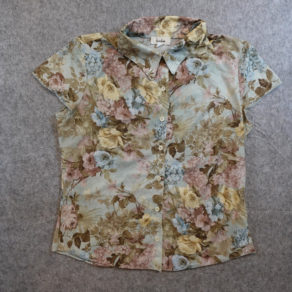 Vintage Harlow Top Women Medium Blue Floral Short Sleeve Button Up Mesh Sheer